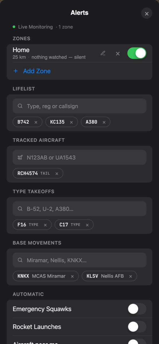 Squawk alerts — zones, lifelist, tracked aircraft, type takeoffs and base movements