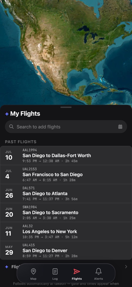 Squawk My Flights — past flights over a route map