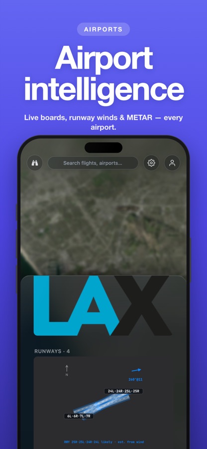 Airport intelligence with live boards and runway winds